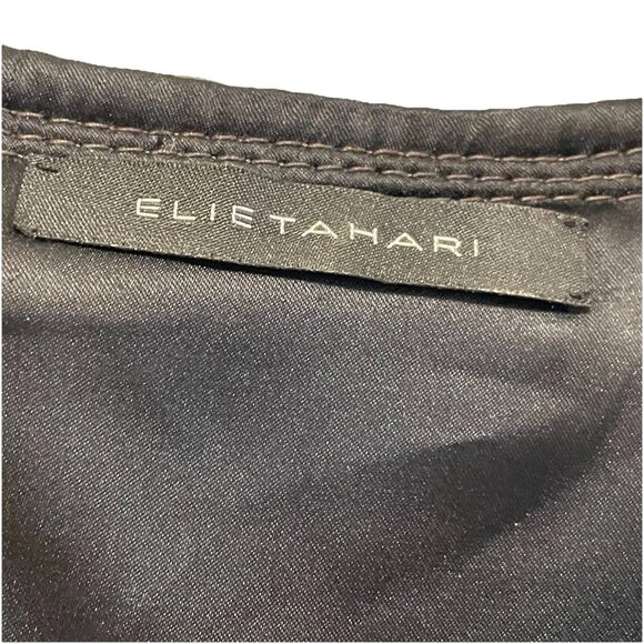 ELIE TAHARI Asphalt Black Pocket Leather Split Neck Back Zip Shift Dress Sz 6/8 - Picture 2 of 10